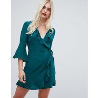 Outrageous Fortune ruffle wrap dress with fluted sleeve in green - Emerald green | ASOS ROW