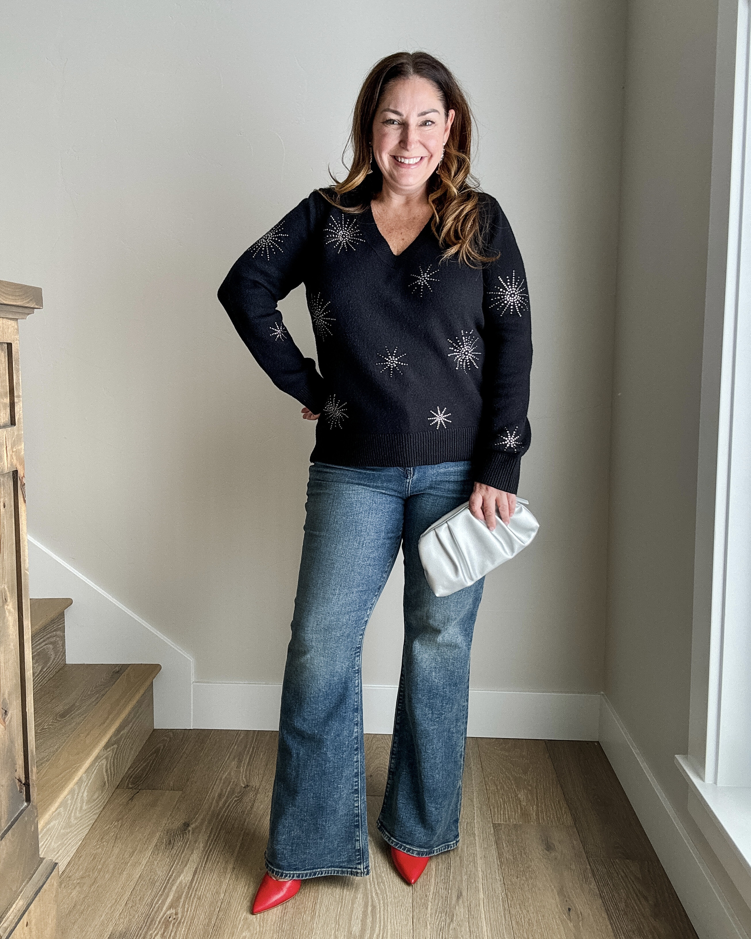 Holiday outfit from LOFT 
· wearing large in top, 14 in jeans (size up if in-between) 

Christmas, Holiday party, holiday looks, thanksgiving, new year, gold sweater, star sweater , TheRecruiterMom

#LTKHoliday #LTKSaleAlert #LTKSeasonal