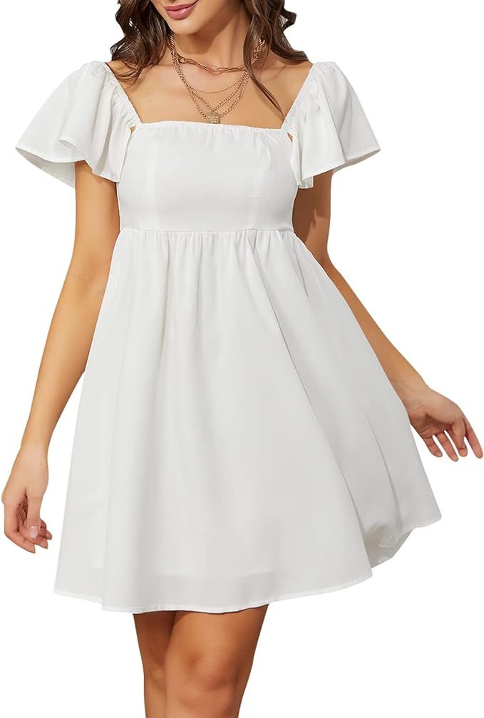 EXLURA Womens Casual Short Sleeve Square Neck Cap Sleeve Dress High Waist A-Line Casual Smocked B... | Amazon (US)