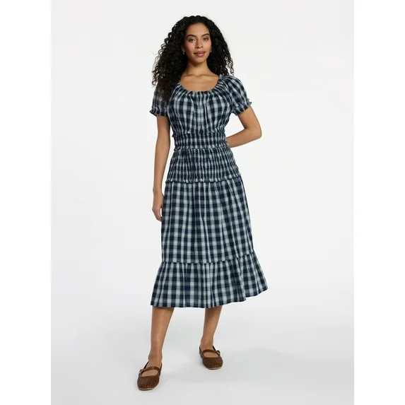 Time and Tru Women's Smocked Cotton Peasant Dress with Short Sleeves, Sizes XS-XXXL | Walmart (US)