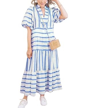 chouyatou Women's Summer Puff Sleeve Striped Midi Long Dress Notch Neck A-Line Tiered Boho Beach ... | Amazon (US)