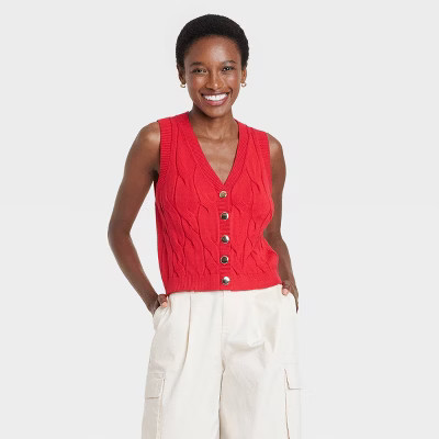 Women's Cabled Button-Down Vest - A New Day™ Red S | Target