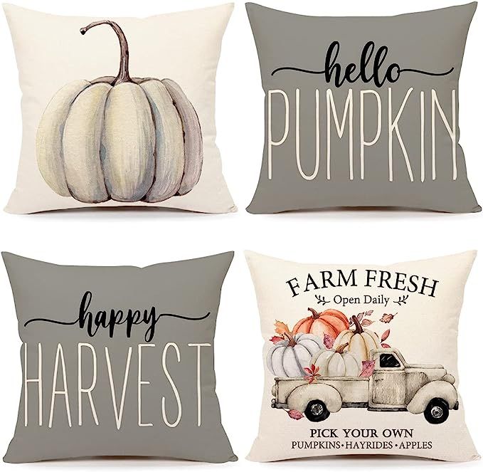 Fall Decor Pillow Covers 18x18 Set of 4 Gray Pumpkin Farmhouse Decorations Happy Harvest Farm Tru... | Amazon (US)