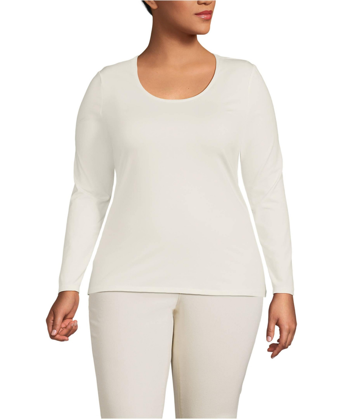 Lands' End Women's Plus Size Lightweight Jersey Skimming Long Sleeve Scoop Neck T-shirt - Fresh ivory | Macy's