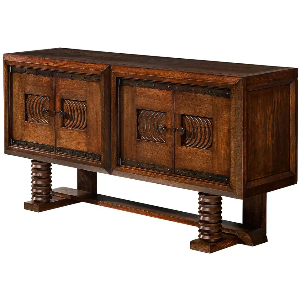 Parisian Art Deco Sideboard in Solid Oak with Iron Elements | 1stDibs