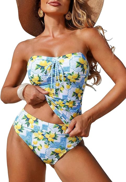 ZAFUL Bandeau Tankini Swimsuits for Women Tummy Control Slim Fitted Swimwear Strapless 2 Piece Ba... | Amazon (US)