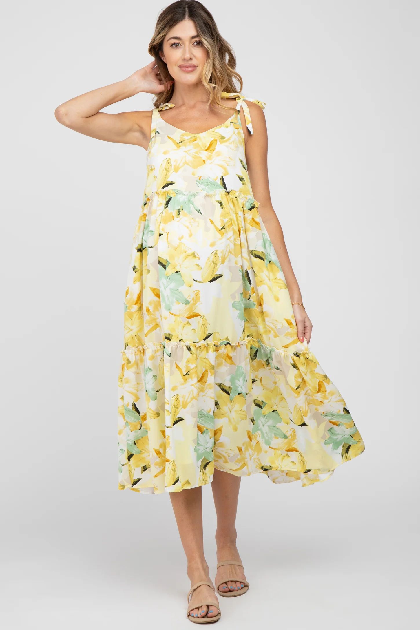 Yellow Floral Tiered Shoulder Tie Maternity Midi Dress | PinkBlush Maternity