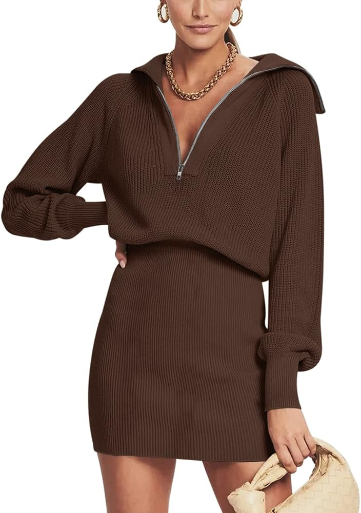 Women's Casual Long Sleeve Bodycon Sweater Dresses Fall Half Zip V Neck Slim Fit Ribbed Knitted M... | Amazon (US)