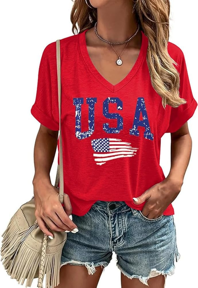USA Flag V-Neck Shirt Women Star and Stripes Graphic Tops Red White and Blue Short Sleeve Tee Sum... | Amazon (US)