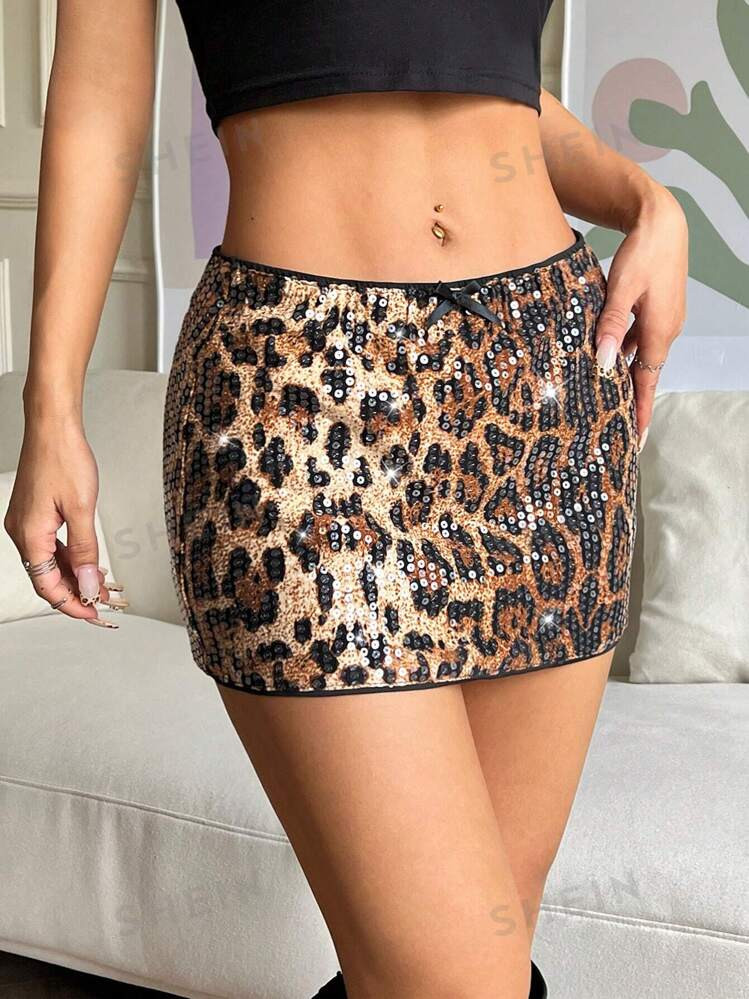 SHEIN EZwear Women's Y2K Fashion Sexy Leopard Print Sequin Mini Skirt | SHEIN