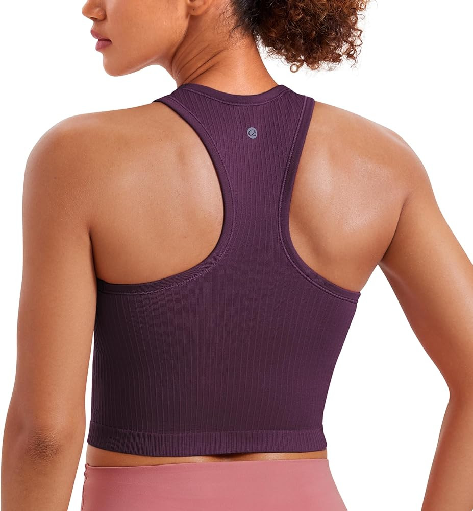 CRZ YOGA Womens Seamless Ribbed Longline High Neck Sports Bra - Racerback Padded Slim Fit Crop Ta... | Amazon (US)