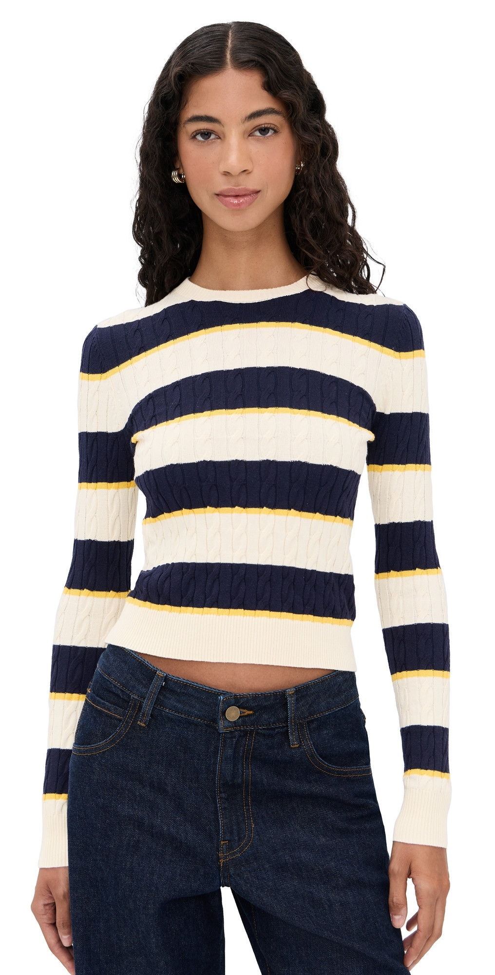 State & Lake Cable Knit Pullover Ivory/Navy/Yellow L | Shopbop
