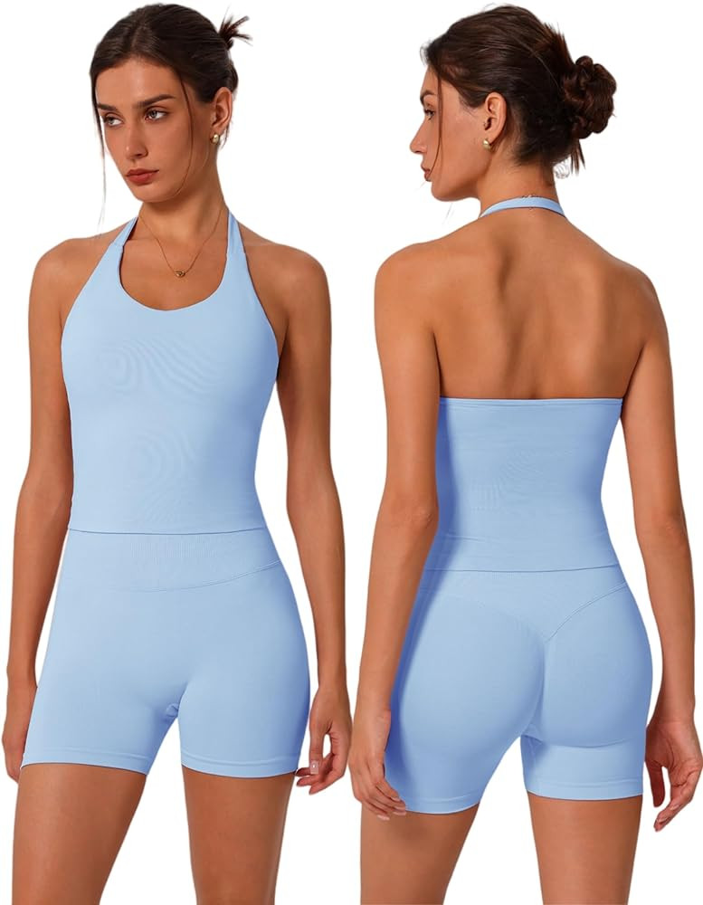 ABOCIW Workout Sets for Women 2 Piece seamless Halter Sports Bra Scrunch Butt Impact Shorts Gym Y... | Amazon (US)