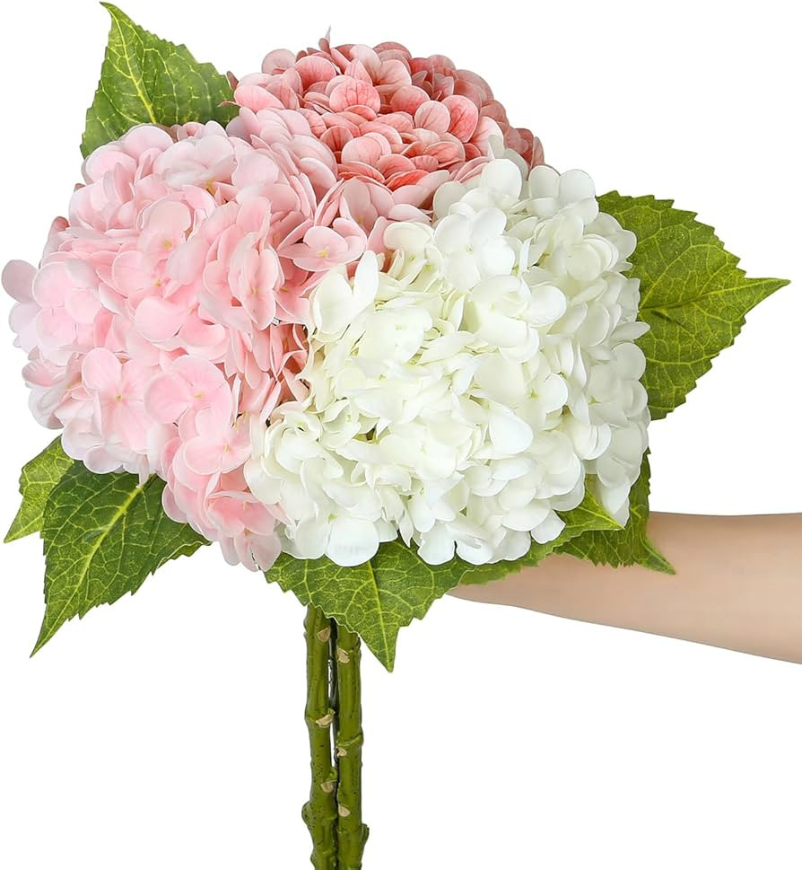 SITUMEIZI Hydrangea Pink Artificial Flower Fake Pink Flowers 21 Inch Latex Fake Hydrangeas 3Pc | Amazon (US)
