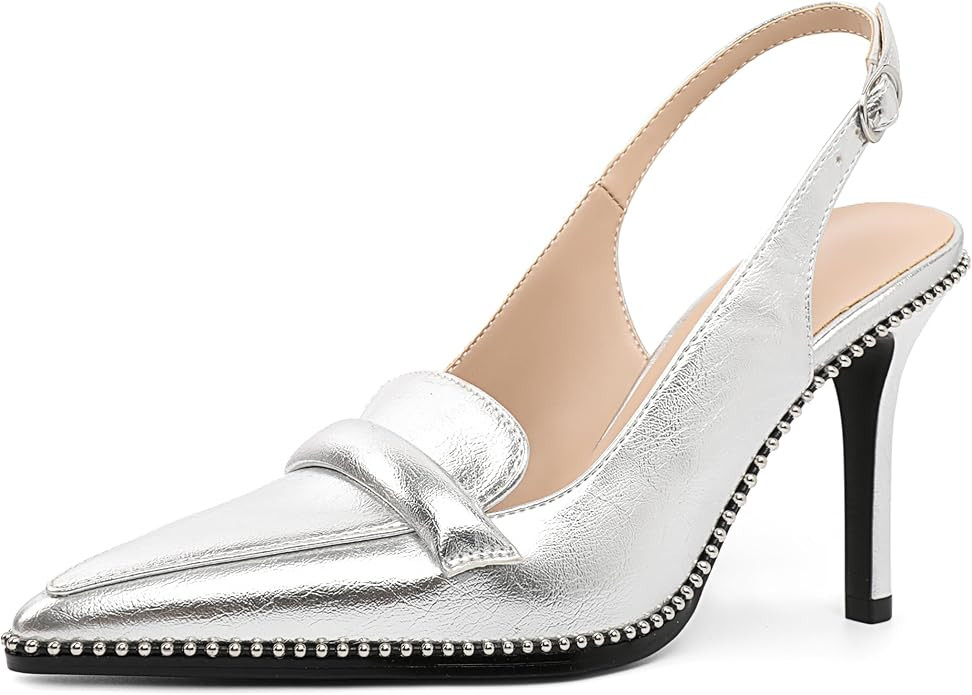 Esvowido Slingback Heels for Women Stilettos Beaded Pointed Toe Shoes Slip On Loafers Pumps High ... | Amazon (US)