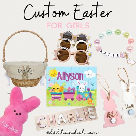Personalized Easter Basket Fillers | Custom Easter Gifts for Kids | Girl Easter Basket | Personalized bunny plush | Custom Bracelet | Easter Tags | Personalized Puzzle | Custom Sunglasses

#LTKFind #LTKkids #LTKSeasonal