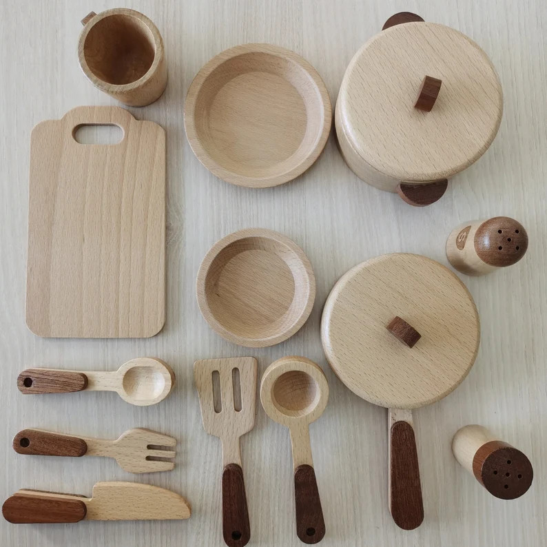 Wood Pots Pans Toy,Wooden Kitchen Set Toy,Montessori Play Kitchen Toys,Toddler kitchen Tool Set,P... | Etsy (US)