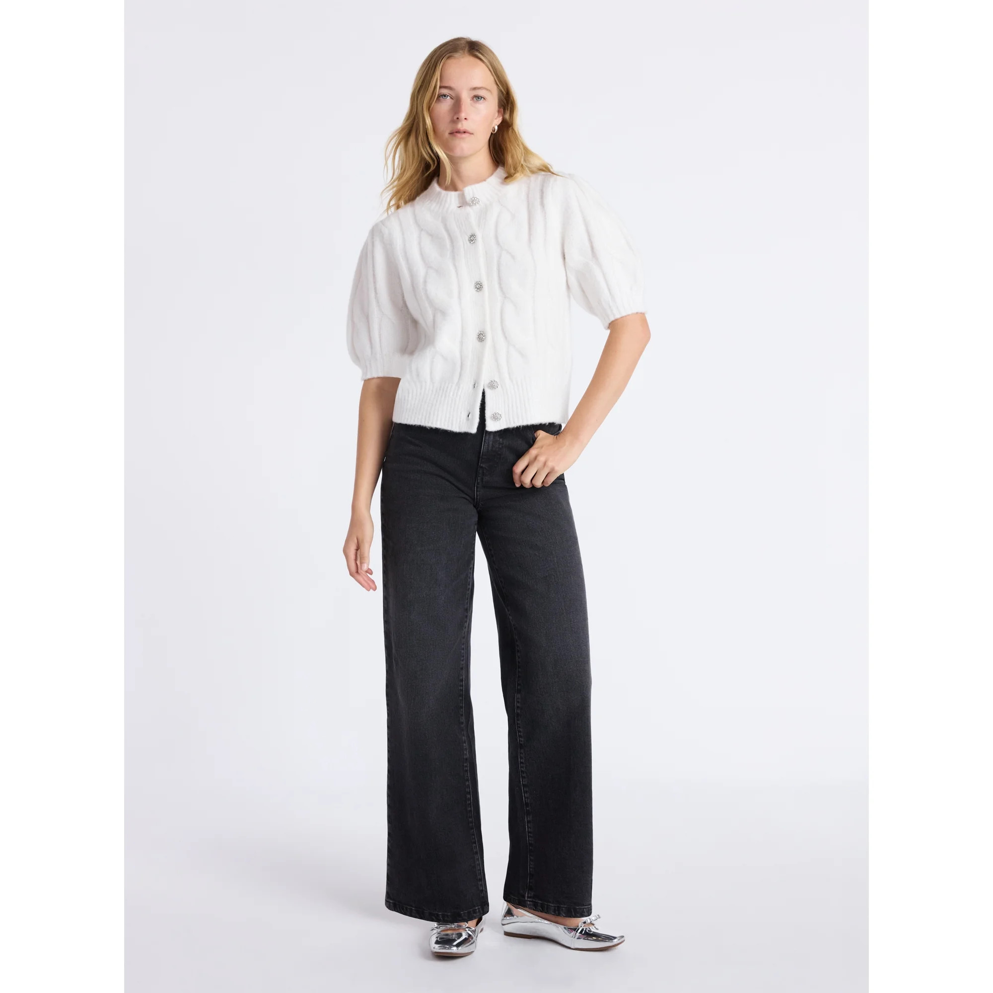 Free Assembly Women's and Women's Plus Cable Cardigan with Short Puff Sleeves, Sizes XS-4X | Walmart (US)