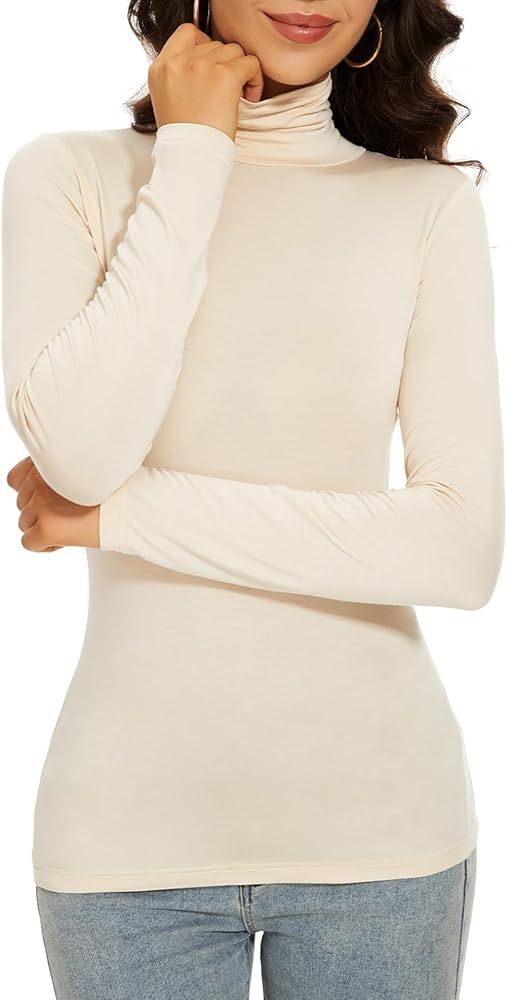 Women's Turtleneck Long Sleeve Thermal Tops Slim Fitted Lightweight Thin Basics Layer Tshirt (XS-... | Amazon (US)