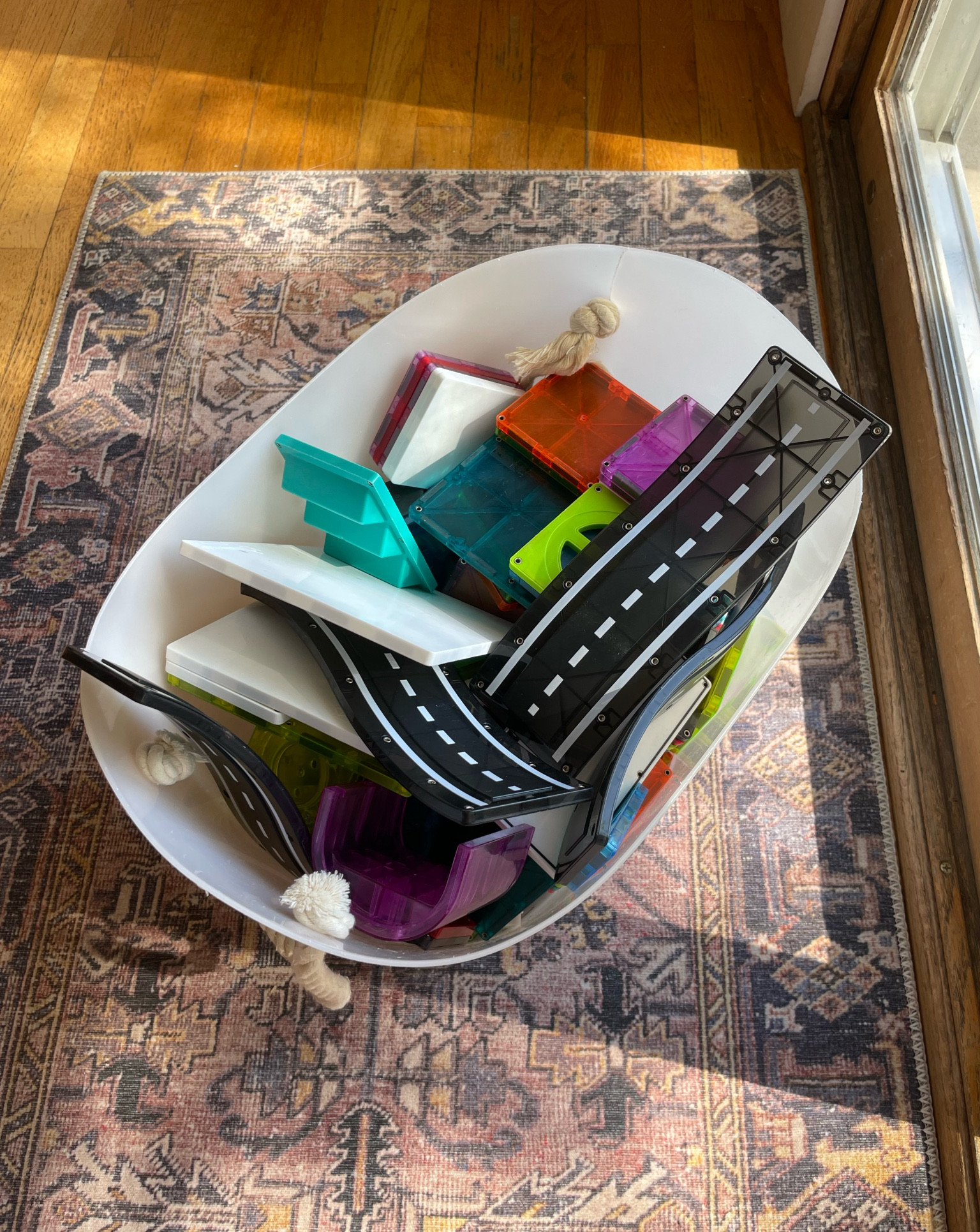 One of our most used toys are the magna tiles. We have 2 sets.
The 110 piece “normal” one and the race car track. 
Such a great toy for endless creativity. 