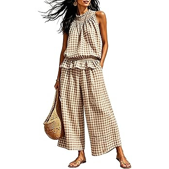 Tanming Women's 2 Piece Set Outfits Gingham Plaid Sleeveless Ruffle Top Wide Leg Pants Summer Cas... | Amazon (US)