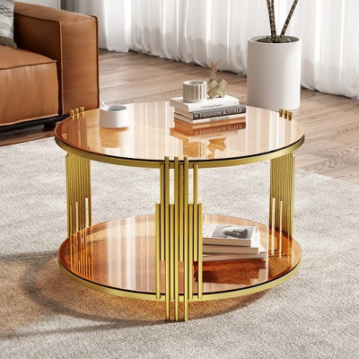 Glass Coffee Table Round Center Table Cocktail Table Accent Table Sofa Table with Shelf, Gold Asymmetrical Metal Drum Frame, Brown-ModernLuxe | Target