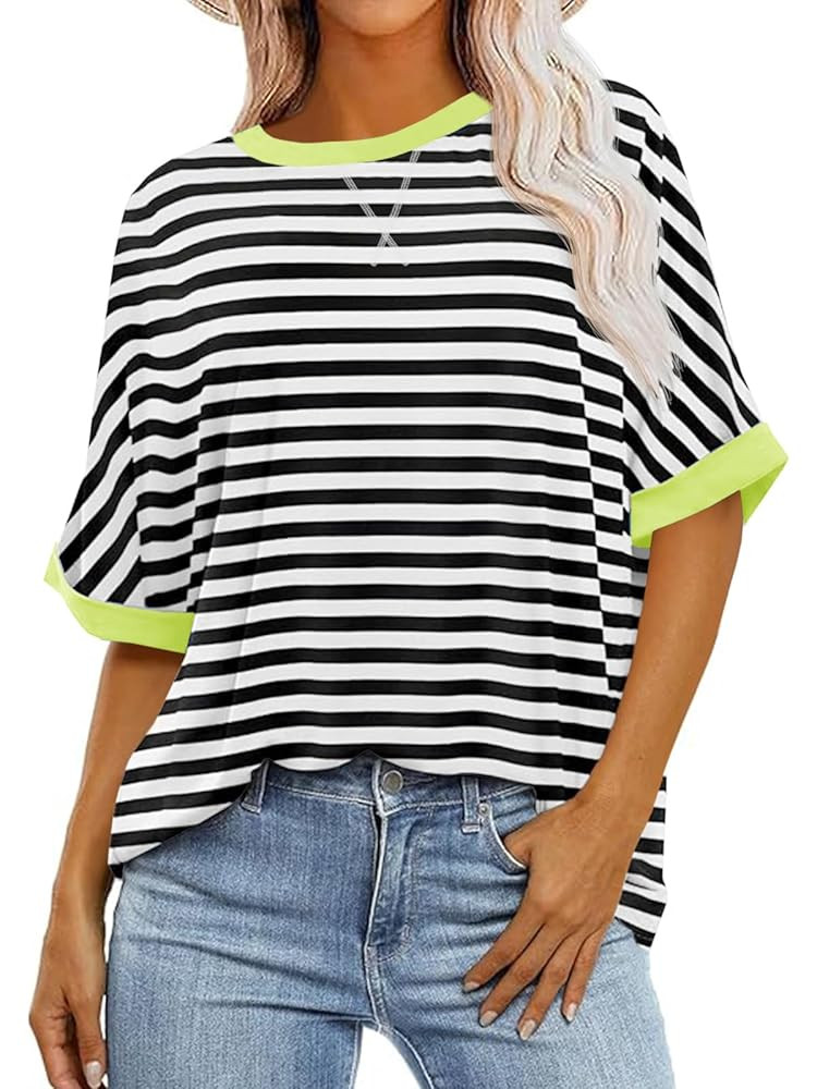 Tankaneo Womens Oversized Striped Tee Shirt Summer Casual Color Block Half Sleeve Crew Neck Tunic... | Amazon (US)