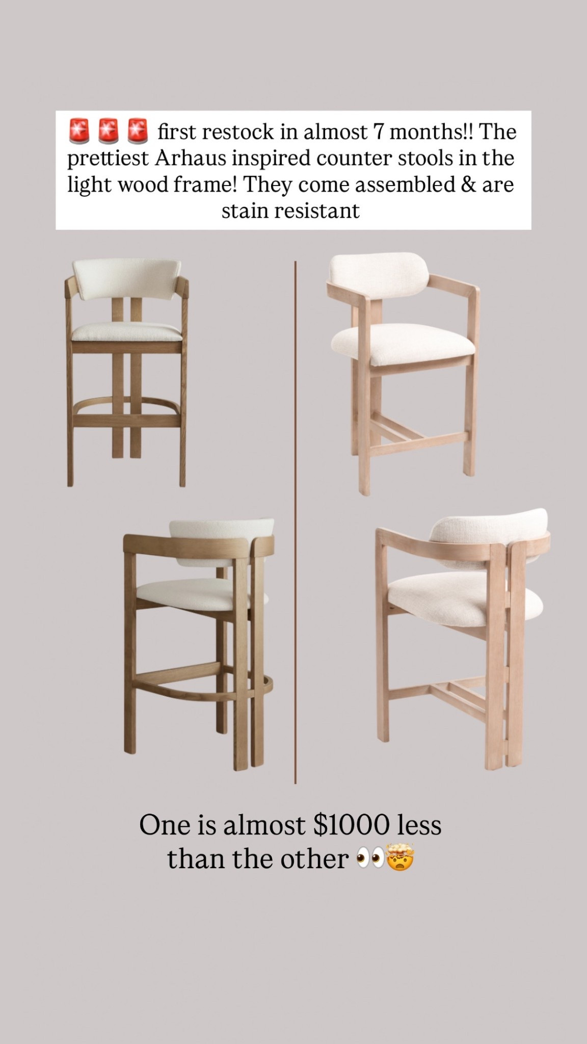 The most loved Arhaus inspired counter stools just restocked!!!! 🚨🚨 these come preassembled! Stain resistant fabric too  