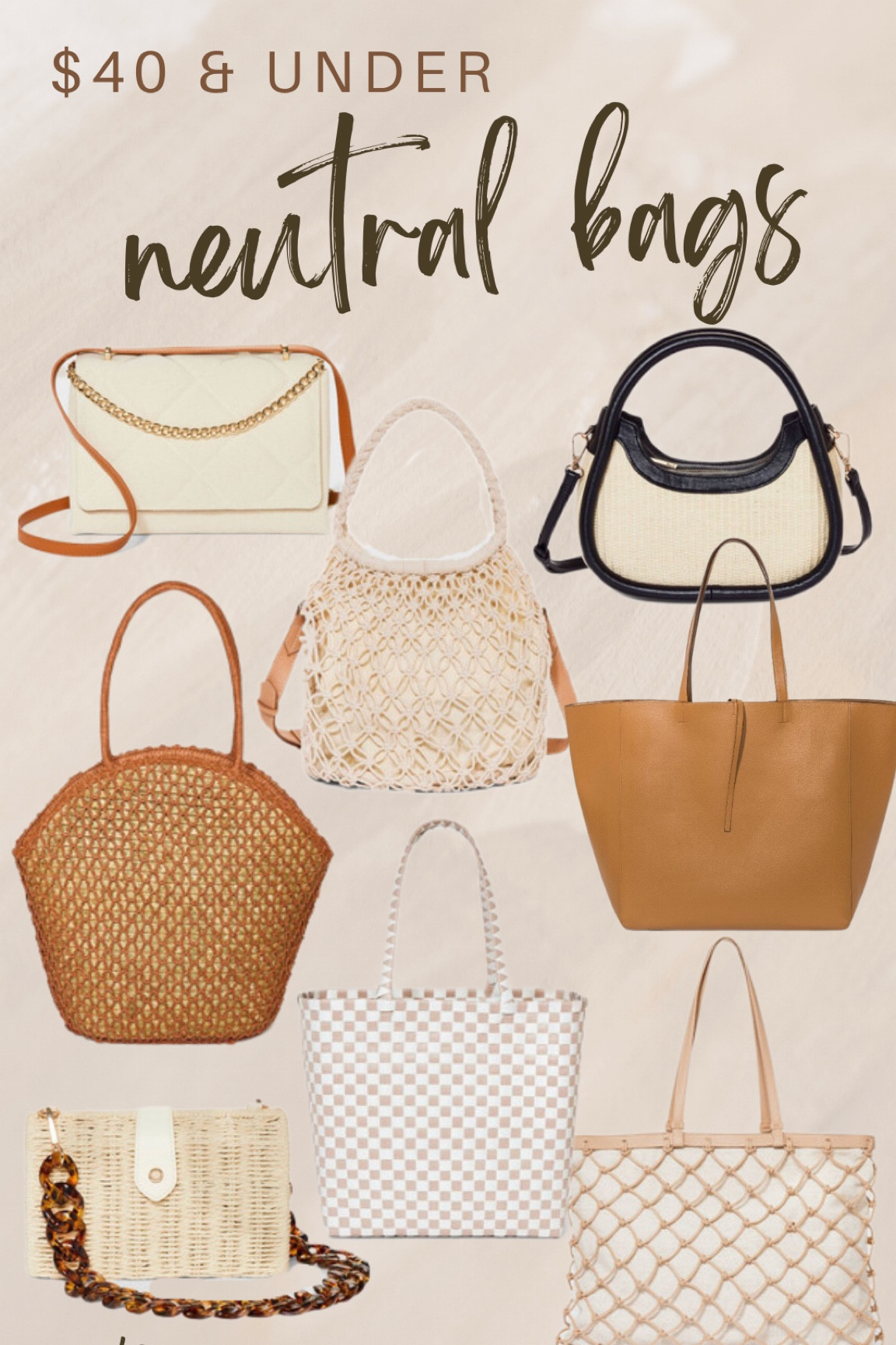 Neutral spring and summer handbags under $40✨ 
crochet, pleather, woven, cross body bag, tote bag, work bag, beach bag 

#LTKSeasonal #LTKunder50 #LTKitbag