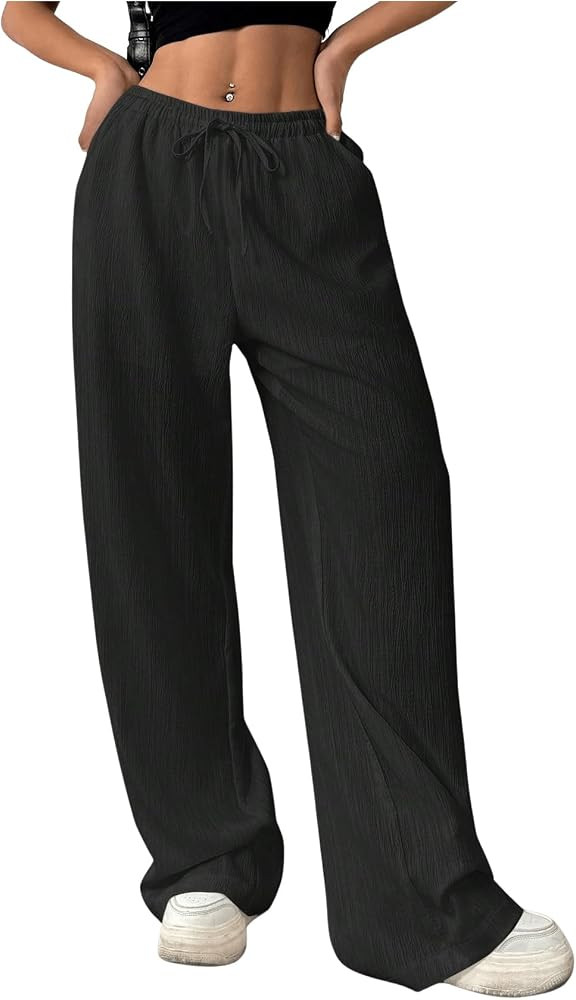 SOLY HUX Women's Drawstring Waist Wide Leg Baggy Pants Casual Textured Palazzo Pants Trousers | Amazon (US)