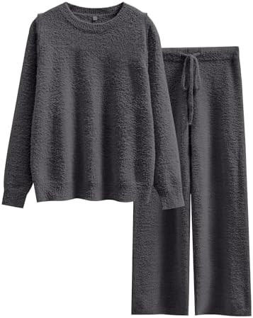 ANRABESS Women's Fuzzy Fleece Pajama Sets 2 Piece Outfits Long Sleeve Top Wide Leg Pants Lounge M... | Amazon (US)