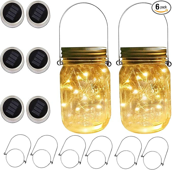 6 Pack Solar Mason Jar Lights for Outside, 30 LED Solar Mason Jar Lids Fairy Lights With 6 Handle... | Amazon (US)