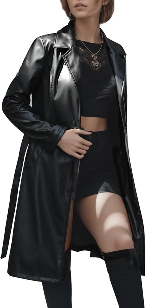 VANGULL Women Trench Coat Long Jacket PU Leather Classic Lapel Coat with Belt | Amazon (US)