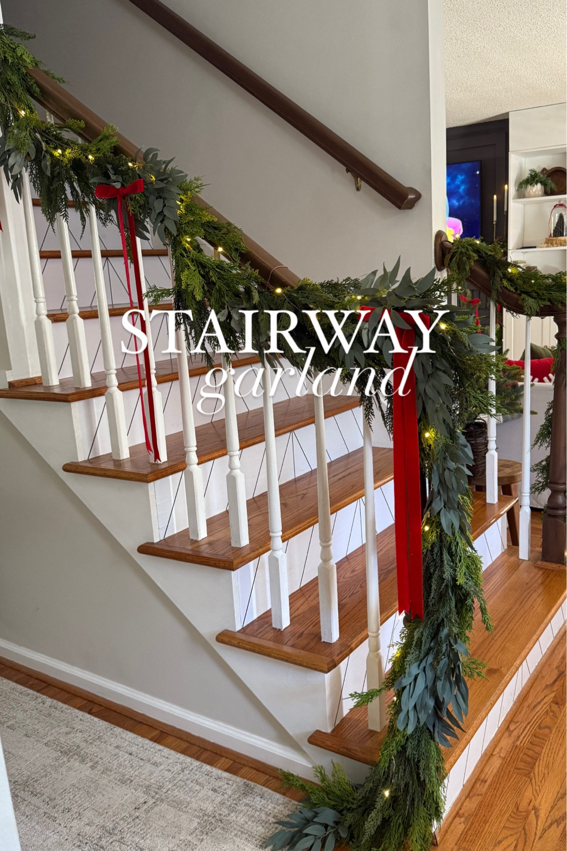 My stairway garland: 
I used a combination of:
•cedar garland 
•cedar/eucalyptus mix garland 
•twinkle lights
•velvet ribbon 

(my cedar mix garland is no longer sold- I’ll link this years version and also a eucalyptus garland that you could use instead)
