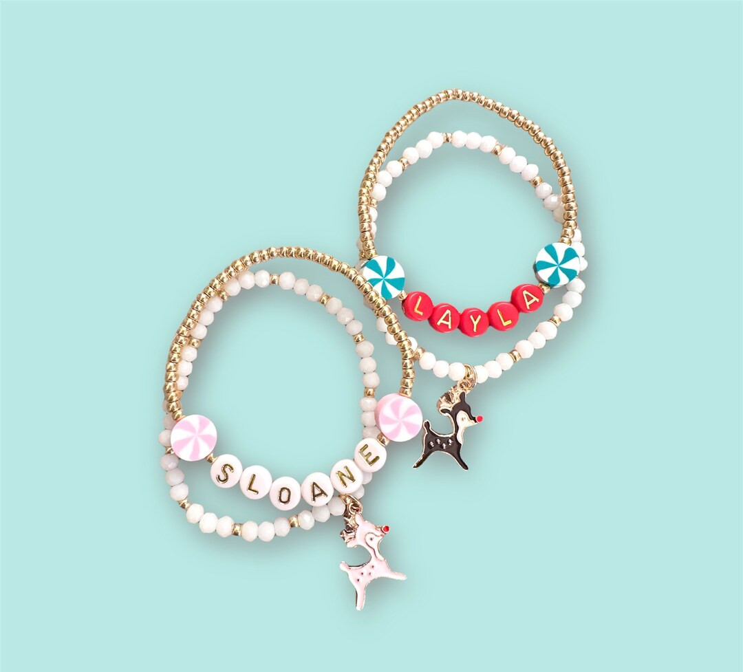 Christmas Custom Name Girls Bracelet Reindeer Peppermint - Etsy | Etsy (US)