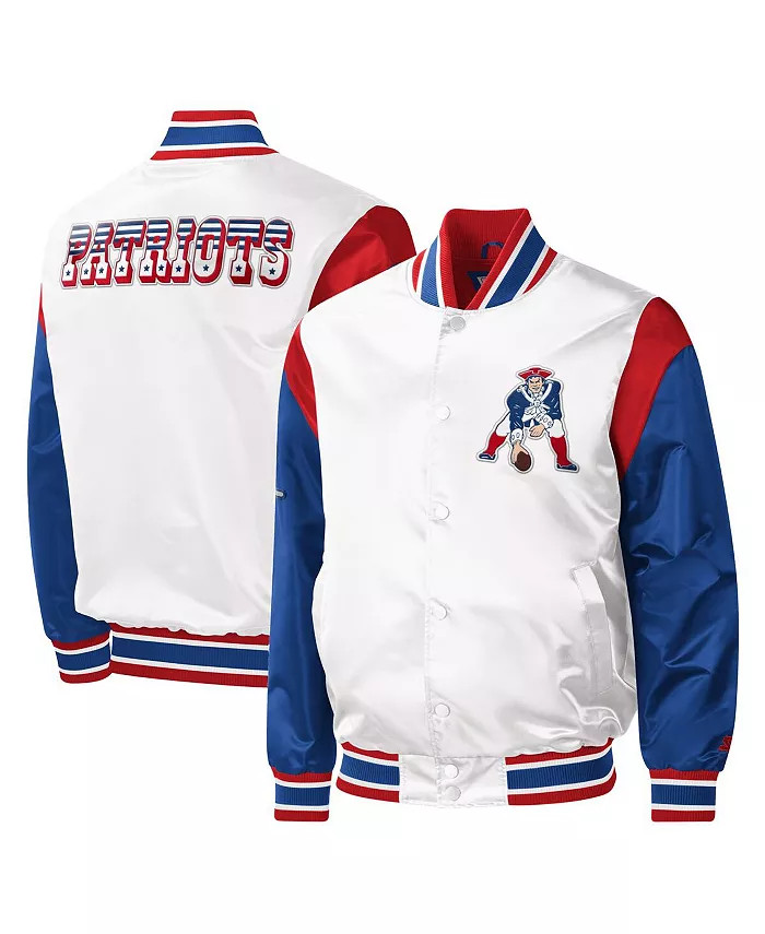 Men's White New England Patriots Throwback Warm Up Pitch Satin Full-Snap Varsity Jacket | Macy's Canada