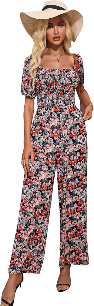 Love Welove Fashion Floral Jumpsuits for Women, casual Loose Romper Short Sleeve Smocked High Wai... | Amazon (US)