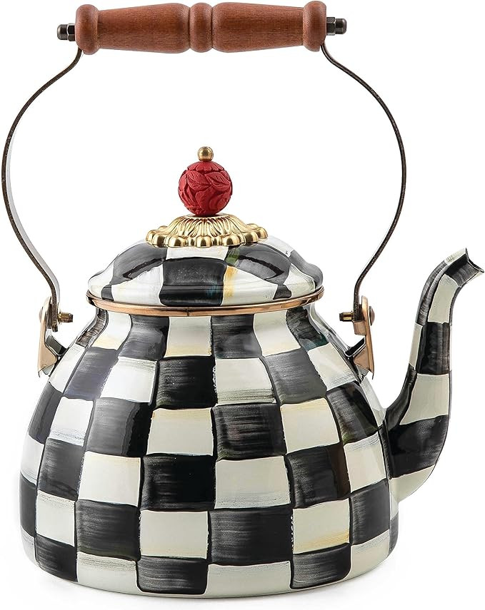MACKENZIE-CHILDS Enamel Tea Kettle, Stylish Tea Kettle for Stovetop, Black-and-White Courtly Chec... | Amazon (US)