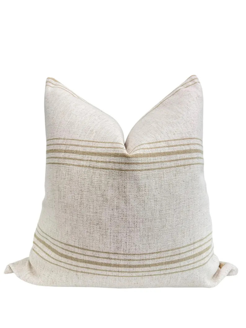 French Stripe Pillow Cover, Neutral Lumbar Cushion, Linen Farmhouse Pillow, Neutral Stripe Cushio... | Etsy (US)