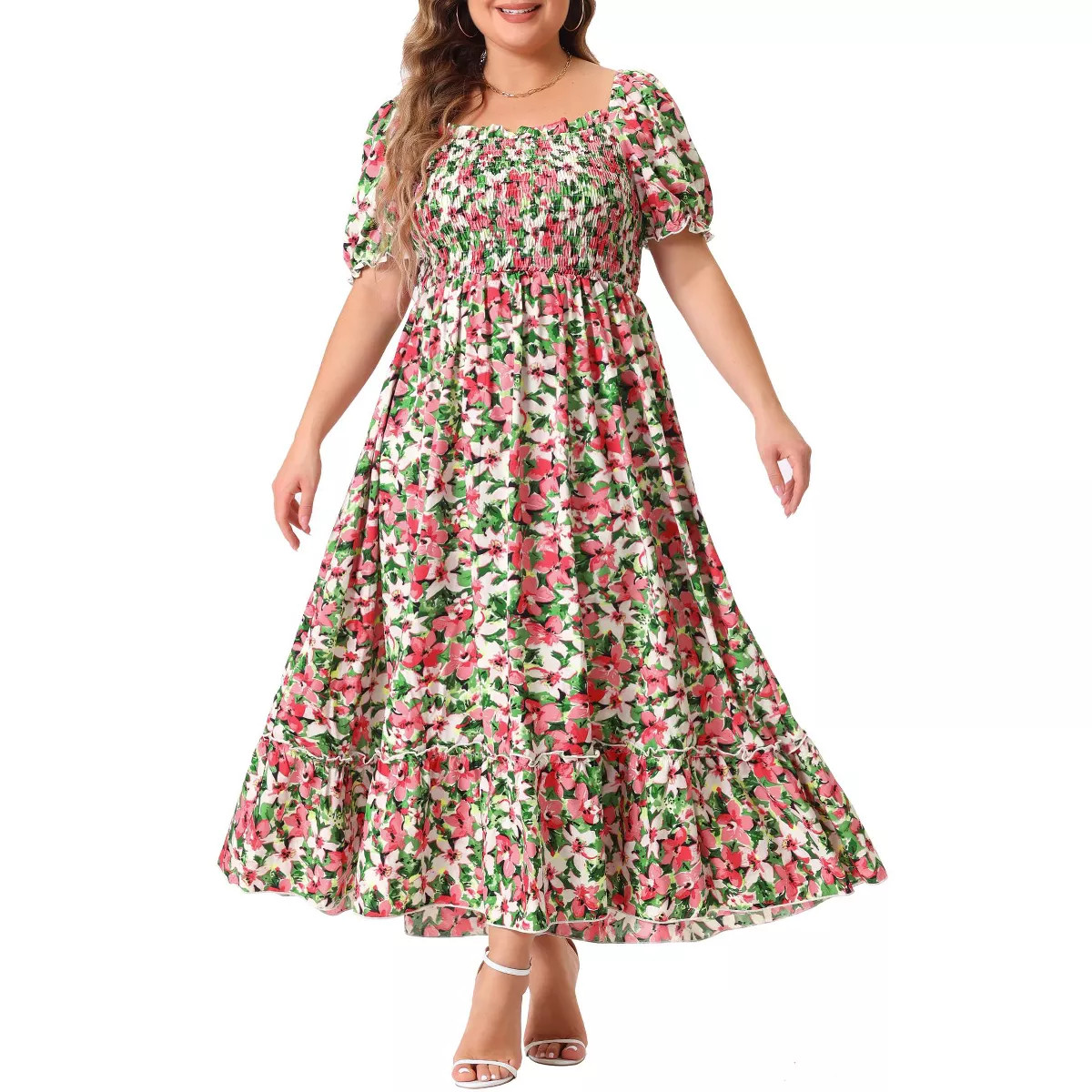 Agnes Orinda Women's Plus Size Floral Short Sleeve Shirred Square Neck Maxi Empire Waist Dresses | Target