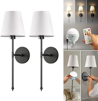 Set of 2 Wireless Wall Sconces - Stick-On or Screw Mount for Easy Installation with Rechargeable LED Bulbs, Remote Controlled, Adjustable Brightness & Warmth, Living Room Wall Decor (Black) | Amazon (US)