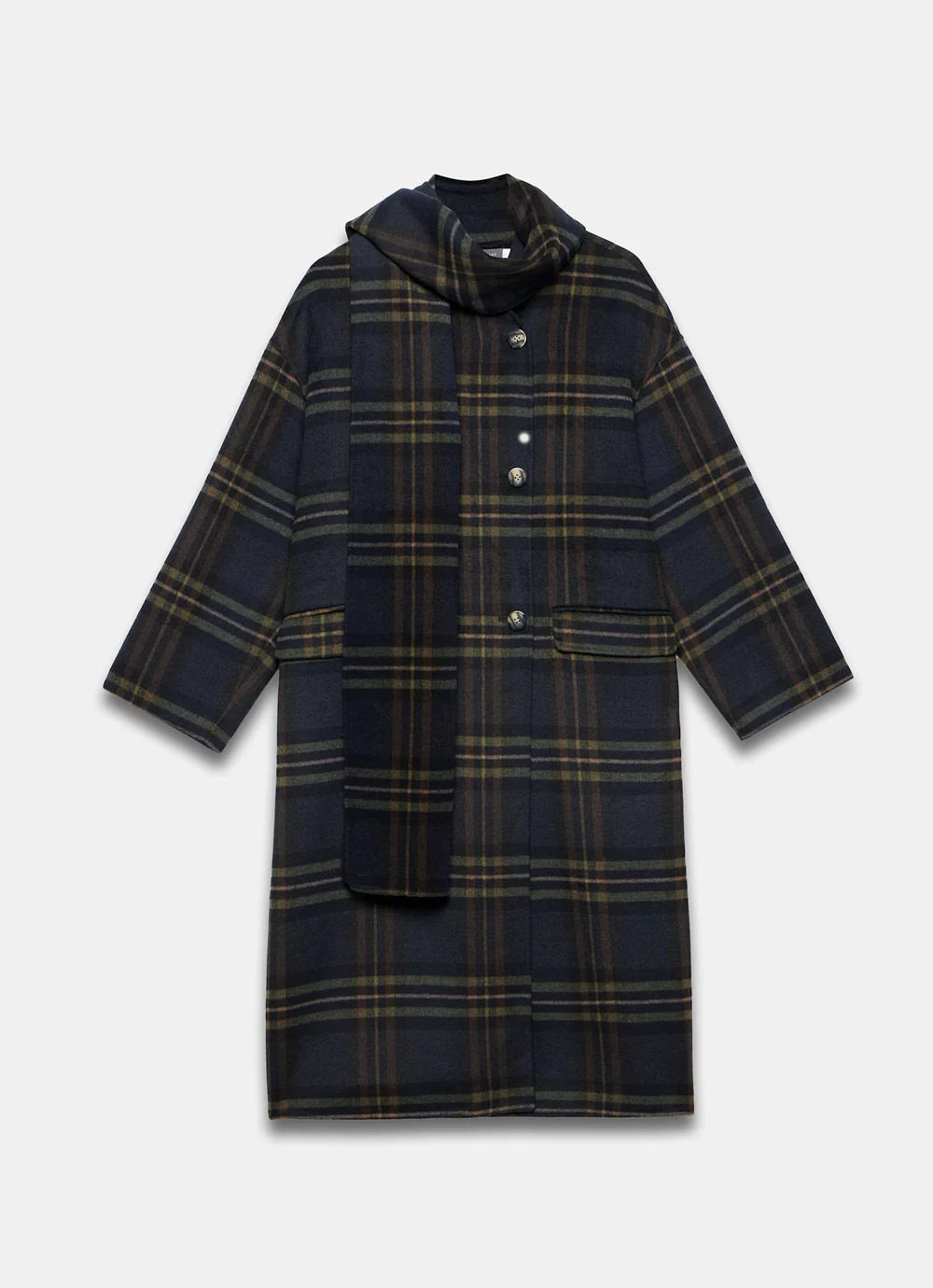 Navy Check Wool Blend Hand Finished Scarf Coat | Mint Velvet