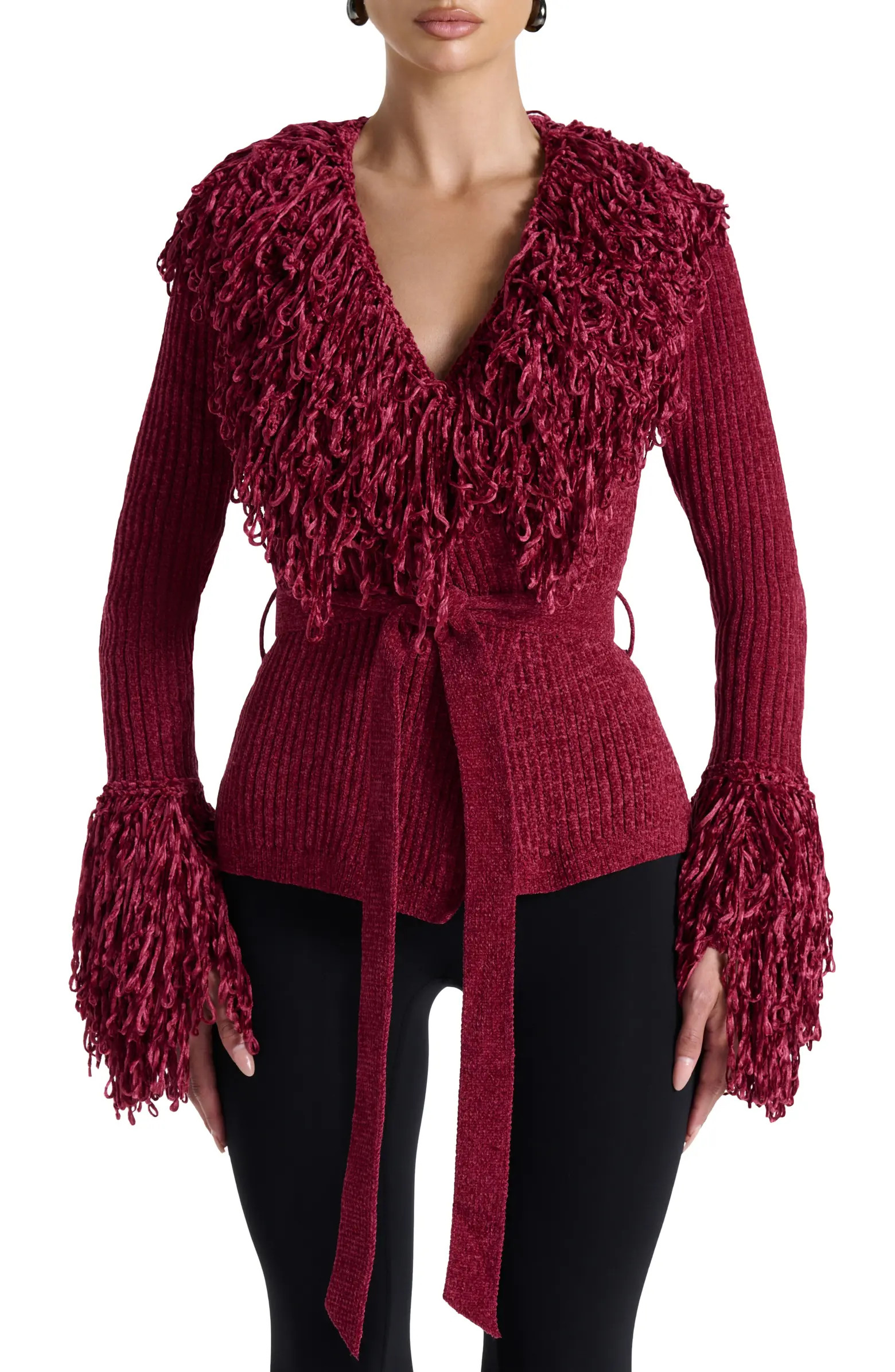 Fringe Tie Waist Chenille Cardigan | Nordstrom