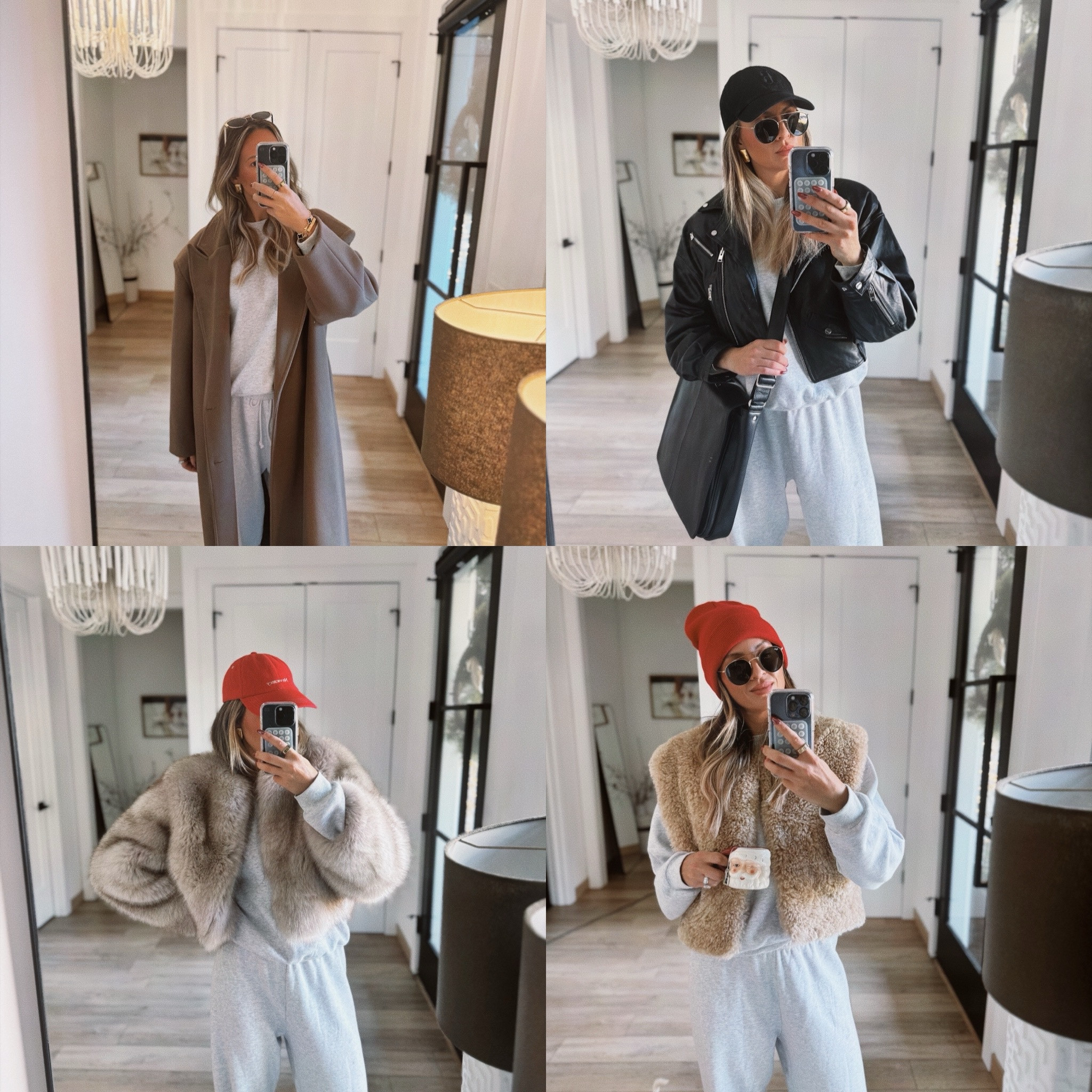 Wearing a large in the top, and a medium in the bottom for the sweatpants. The wool coat is from source unknown, but I linked o similar look. The faux fur coat is old, but I linked another. The leather jacket is size small. The Isabel Marant vest is also a size small.

#LTKHoliday #LTKstyletip #LTKover40