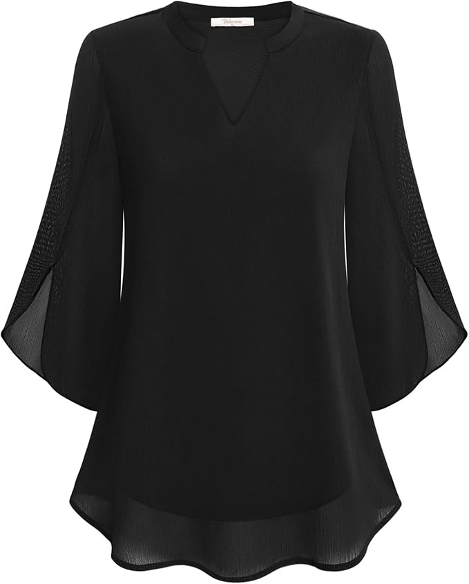 Bebonnie Womens Ruffle 3/4 Sleeve Henley V Neck Double Layers Chiffon Blouses Tops | Amazon (US)