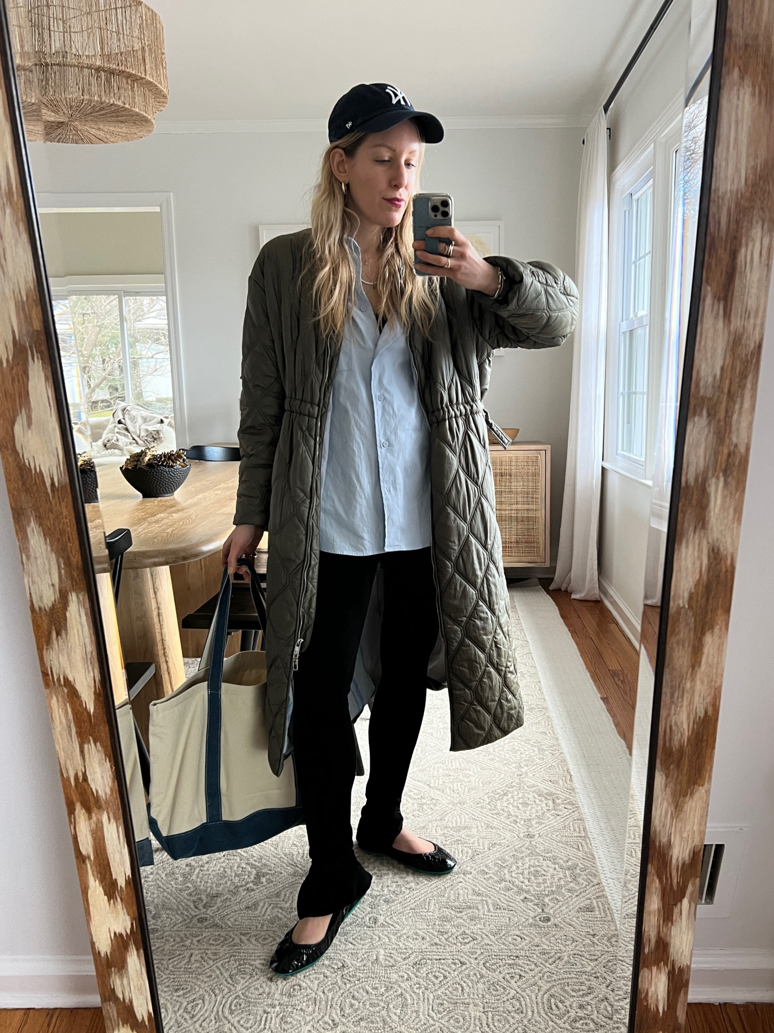 Weekend Momiform. 🥋 

Jacket: Ganni

Shirt: Reformation (size down for less oversized otherwise get your size)

Leggings: Toteme (tts. Worth it!)

Flats: Tieks

Bag: Riley Versa x Jennie Monness

Tennis Necklace: Nadri

Hoop Earrings: Machete