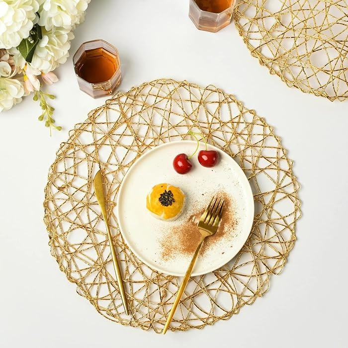 IcosaMro Gold Round Placemats for Dining Table Set of 6 Non-Slip Woven Heat Resistant Circle Tabl... | Amazon (US)