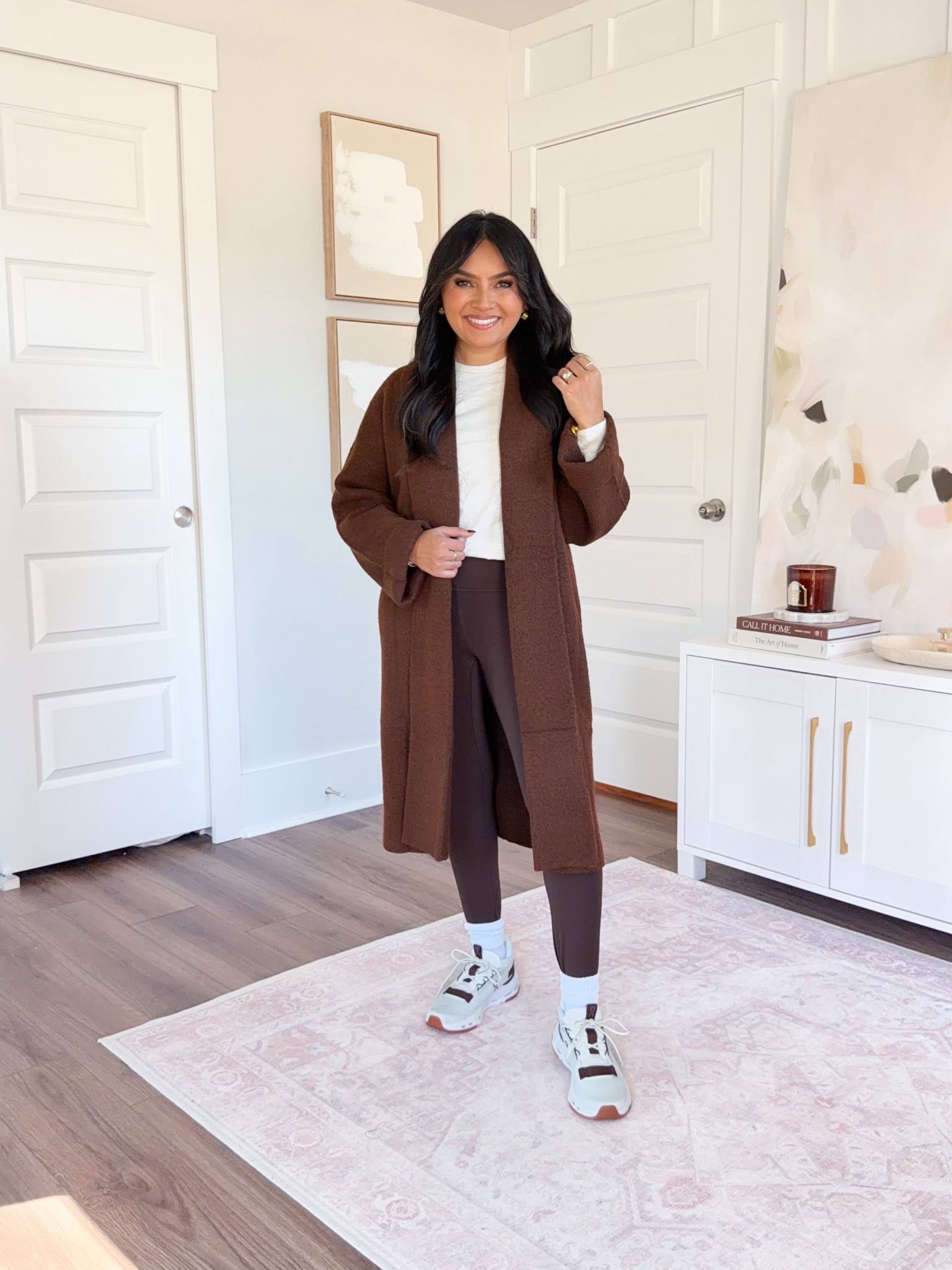 Brown coatigan size small TTS
Tee size xs TTS
Hot fudge brown leggings size small 25” length TTS
Brown and white in ice/mulberry color sneakers size 6.5 TTS

#LTKPetite #LTKStyleTip #LTKFindsUnder50