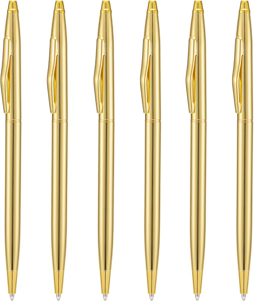 Wikult 6 Pieces Golden Slim Metal Ballpoint Pen, 1mm Medium Point Black Ink Smooth Writing, for Business Office Teacher Student Wedding Guest | Amazon (US)
