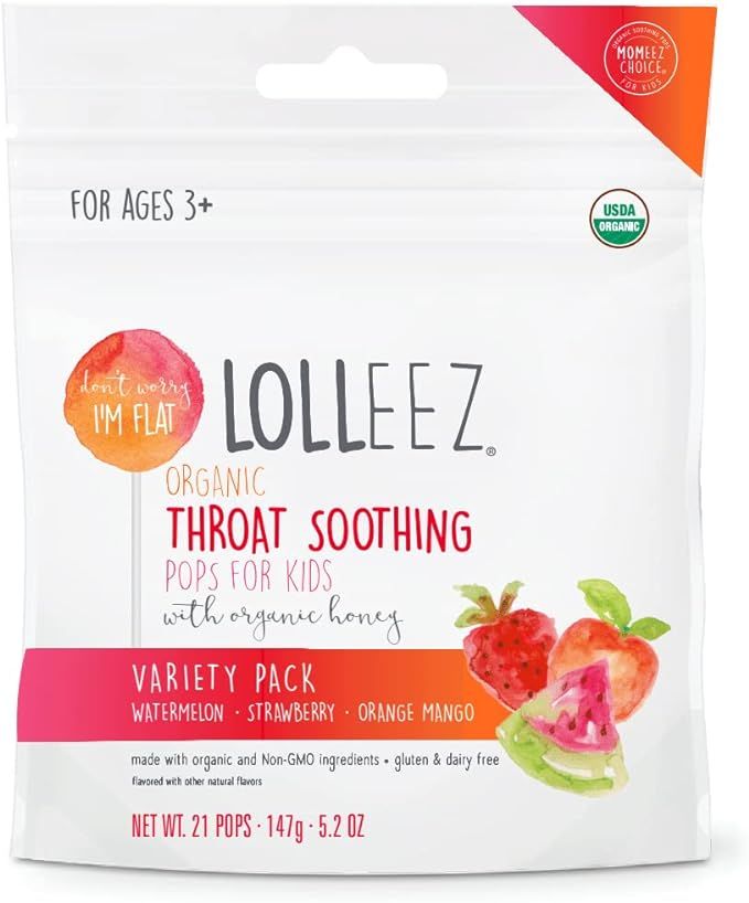 Lolleez Organic Sore Throat Soothing Pops for Kids Strawberry Orange Mango, Variety Pack, Waterme... | Amazon (US)
